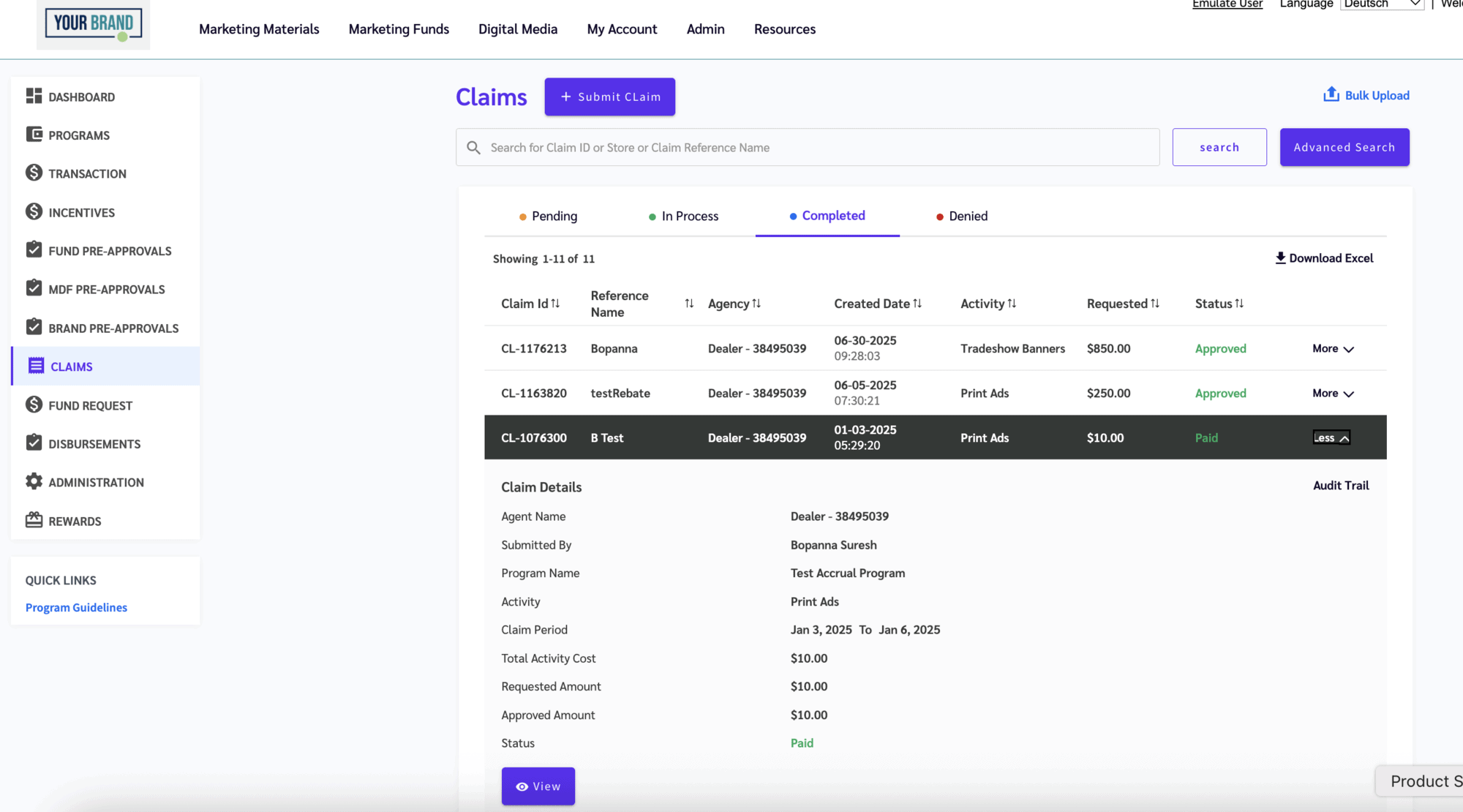 Claim status paid in your brand demo site